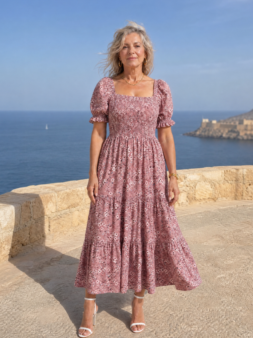 Philippine — Robe midi fleurie à bustier smocké