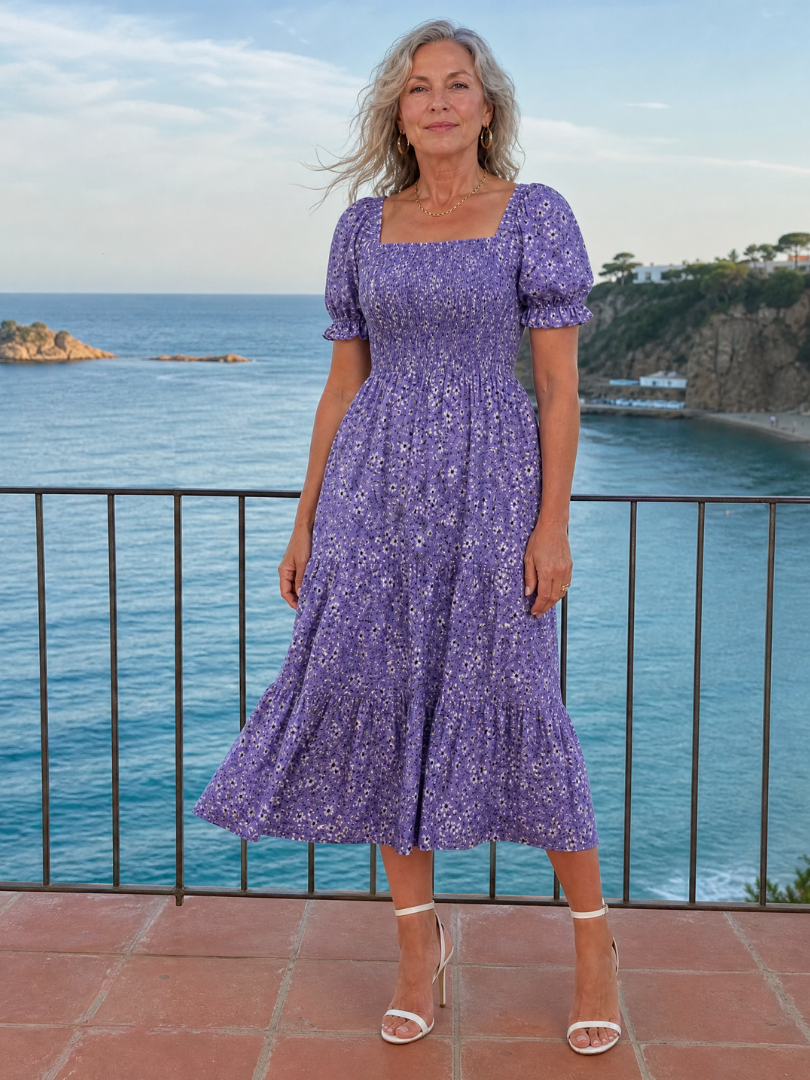 Philippine — Robe midi fleurie à bustier smocké