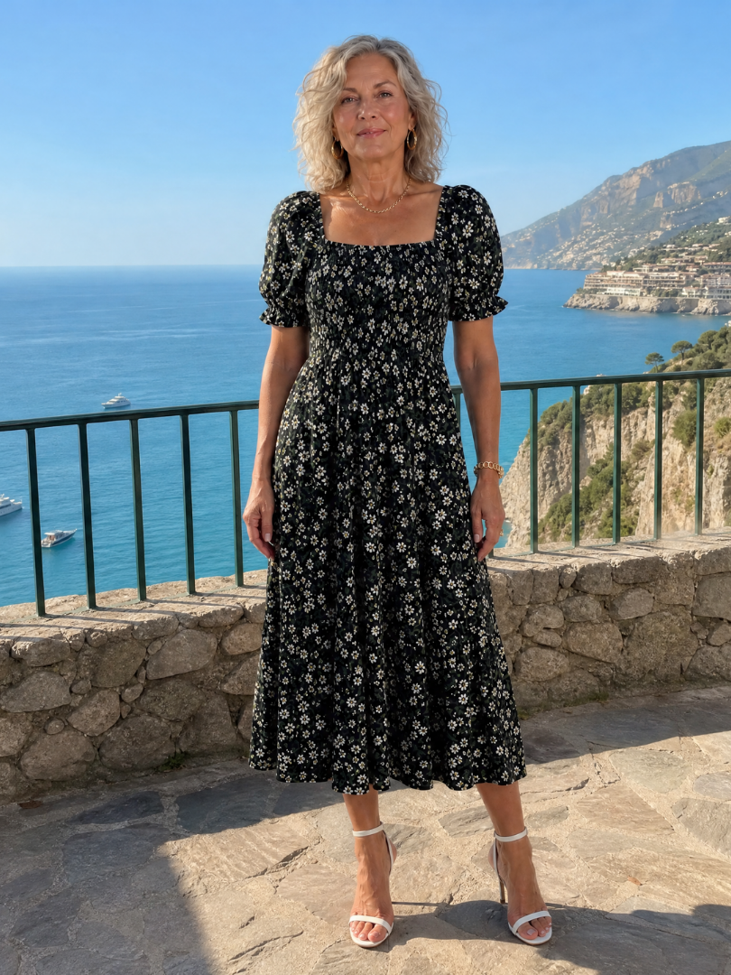 Philippine — Robe midi fleurie à bustier smocké