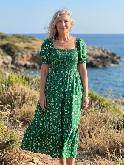 Philippine — Robe midi fleurie à bustier smocké