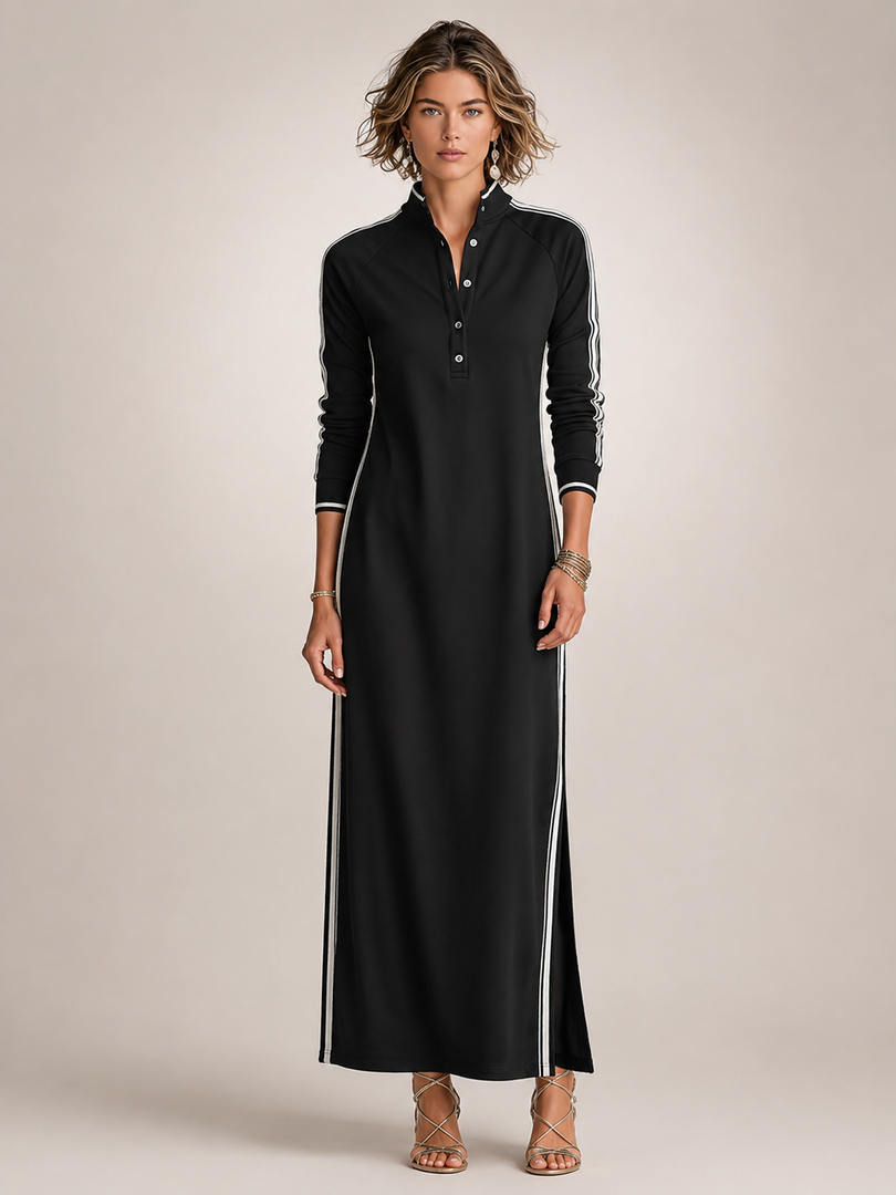 Bernadette — Robe longue col boutonné à galons, coloris Noir