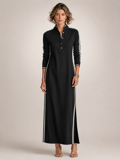 Bernadette — Robe longue col boutonné à galons, coloris Noir