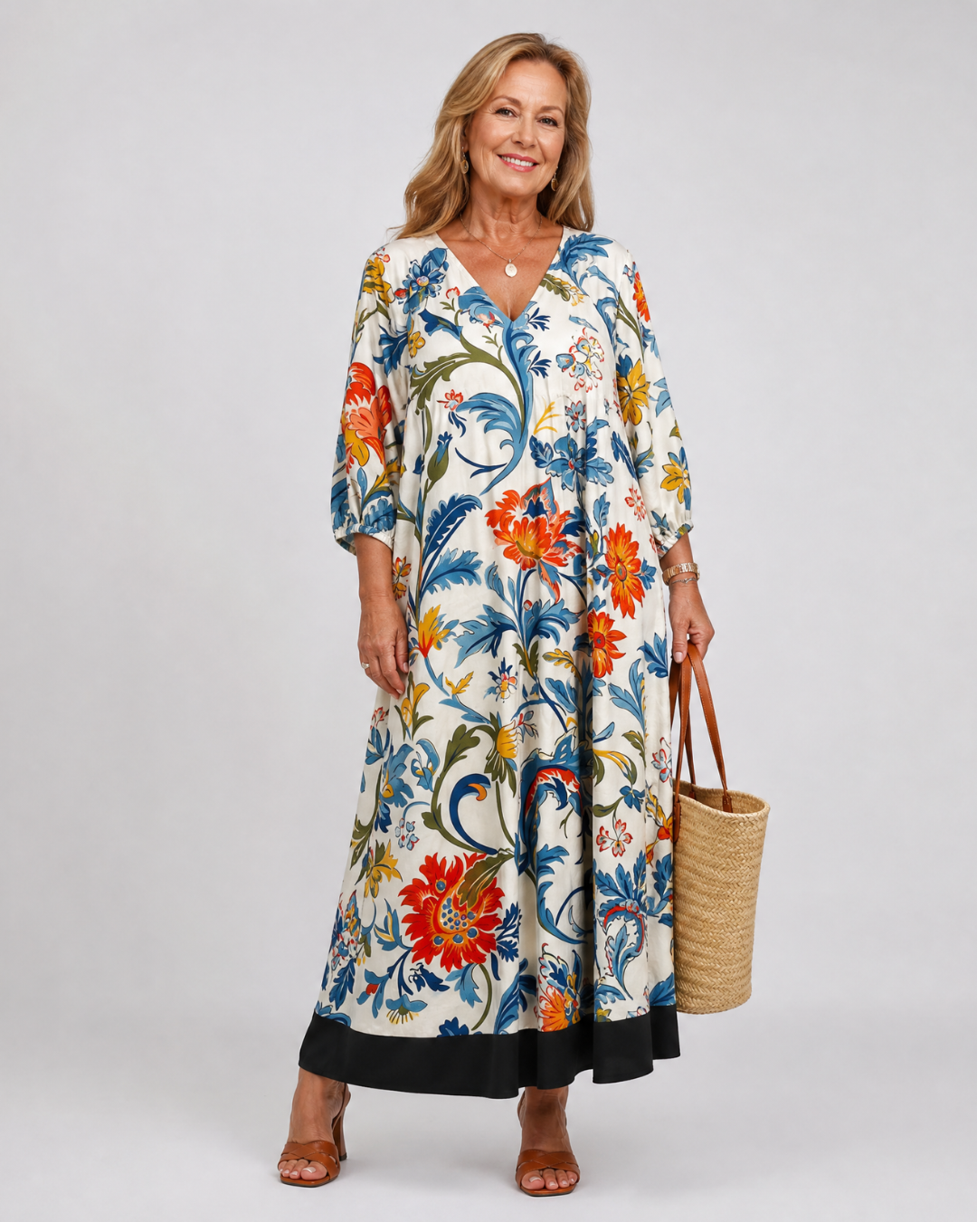 Nathalie — Robe longue à feuillage botanique, coloris Écru fleuri