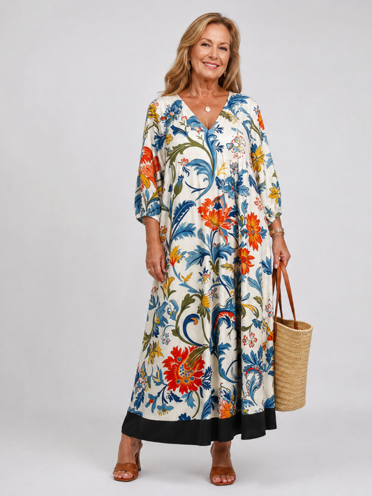 Nathalie — Robe longue à feuillage botanique, coloris Écru fleuri