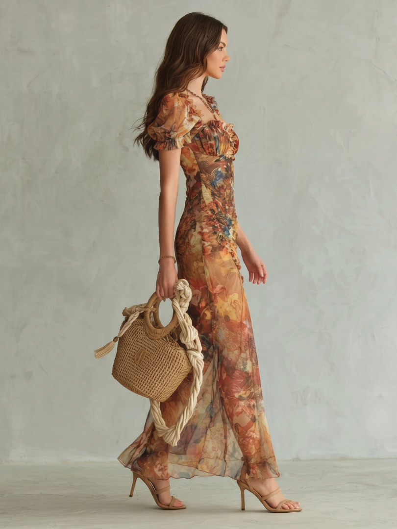 Gaïa — Robe longue froncée à manches bouffantes