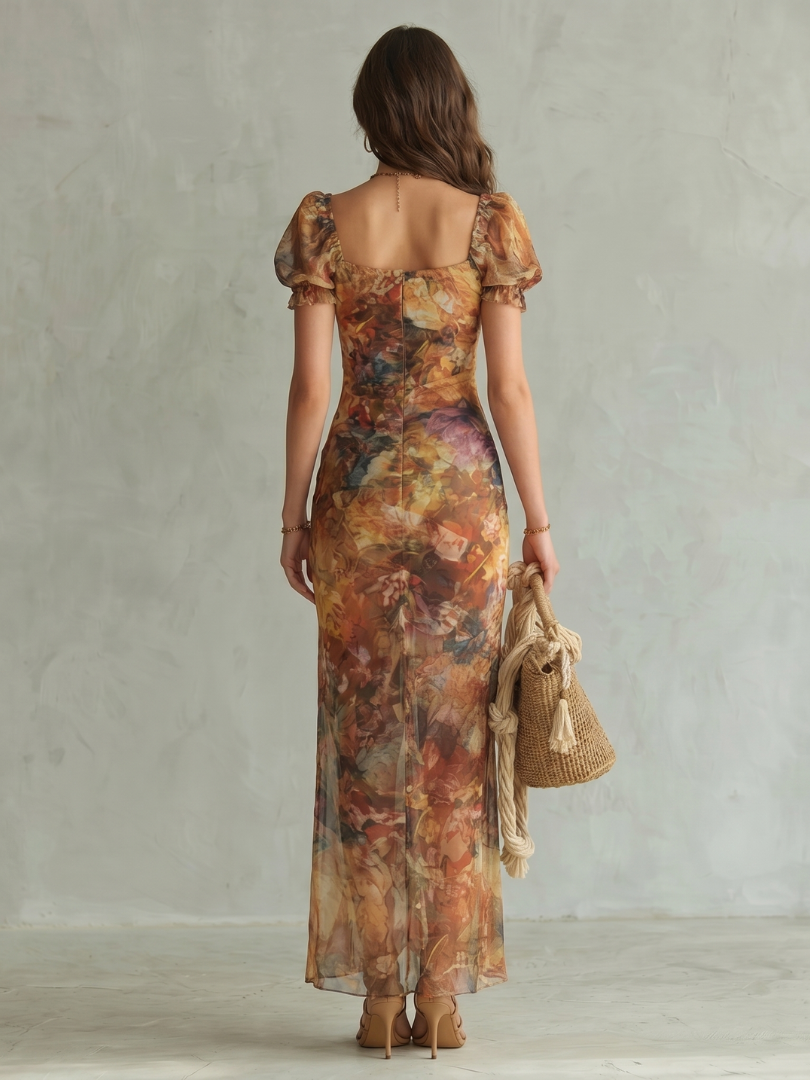 Gaïa — Robe longue froncée à manches bouffantes