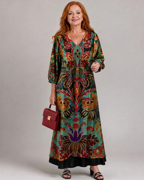 Pascale — Robe longue à ornements bohèmes, coloris Turquoise ornemental