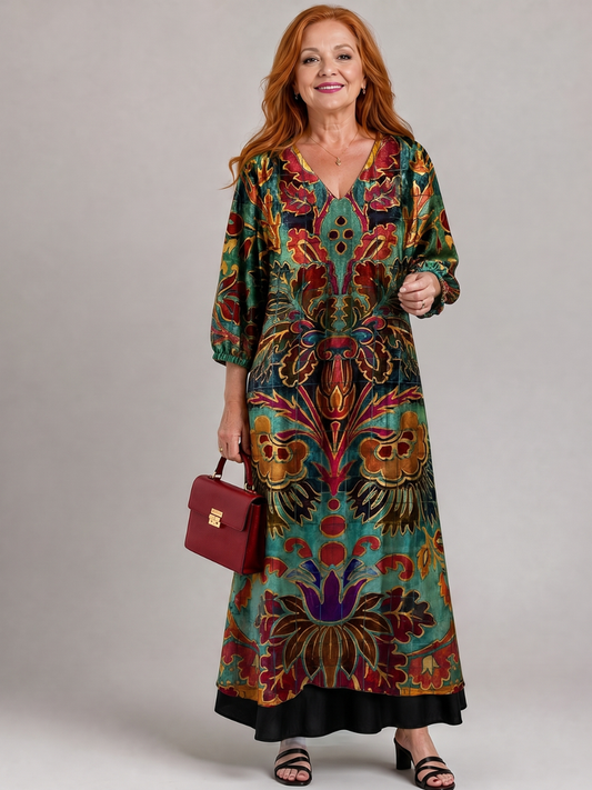 Pascale — Robe longue à ornements bohèmes, coloris Turquoise ornemental