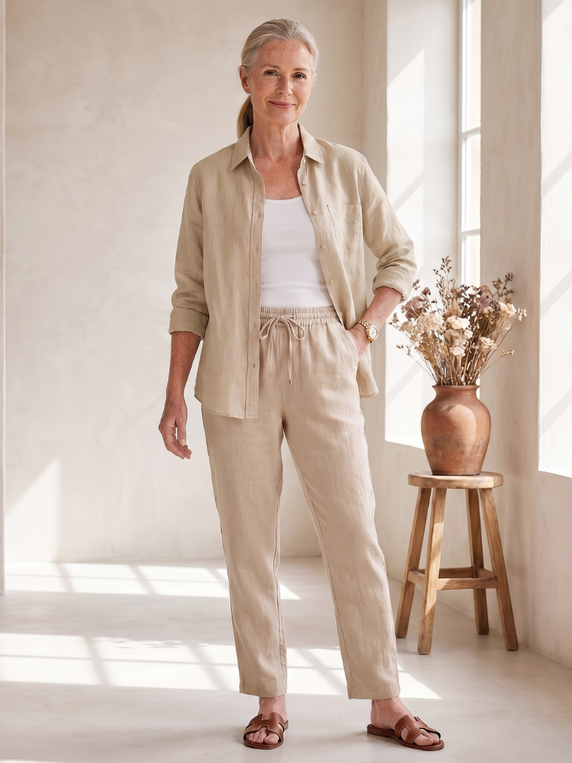 Femme portant un ensemble deux pièces avec chemise à manches longues et pantalon fuselé, coloris beige