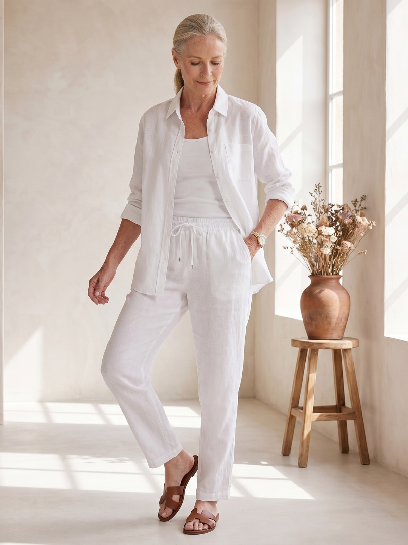 Femme portant un ensemble deux pièces avec chemise à manches longues et pantalon fuselé, coloris blanc