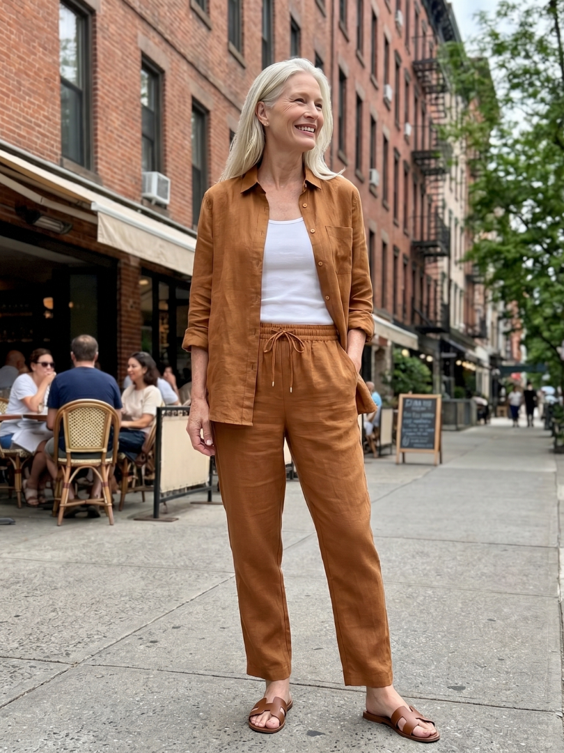 Femme portant un ensemble deux pièces avec chemise à manches longues et pantalon fuselé, coloris marron