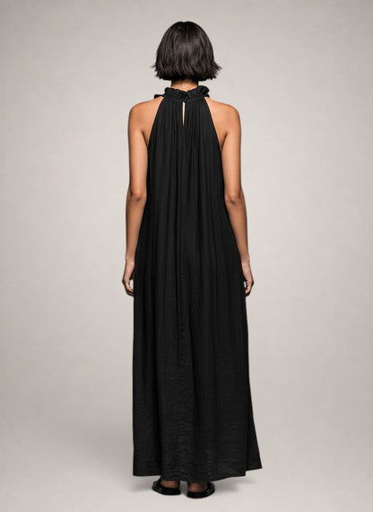 Hermine — Robe longue à col licou et volants