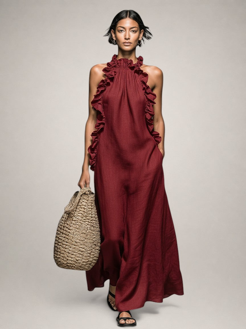 Hermine — Robe longue à col licou et volants, coloris Bordeaux