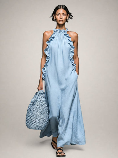 Hermine — Robe longue à col licou et volants, coloris Bleu ciel