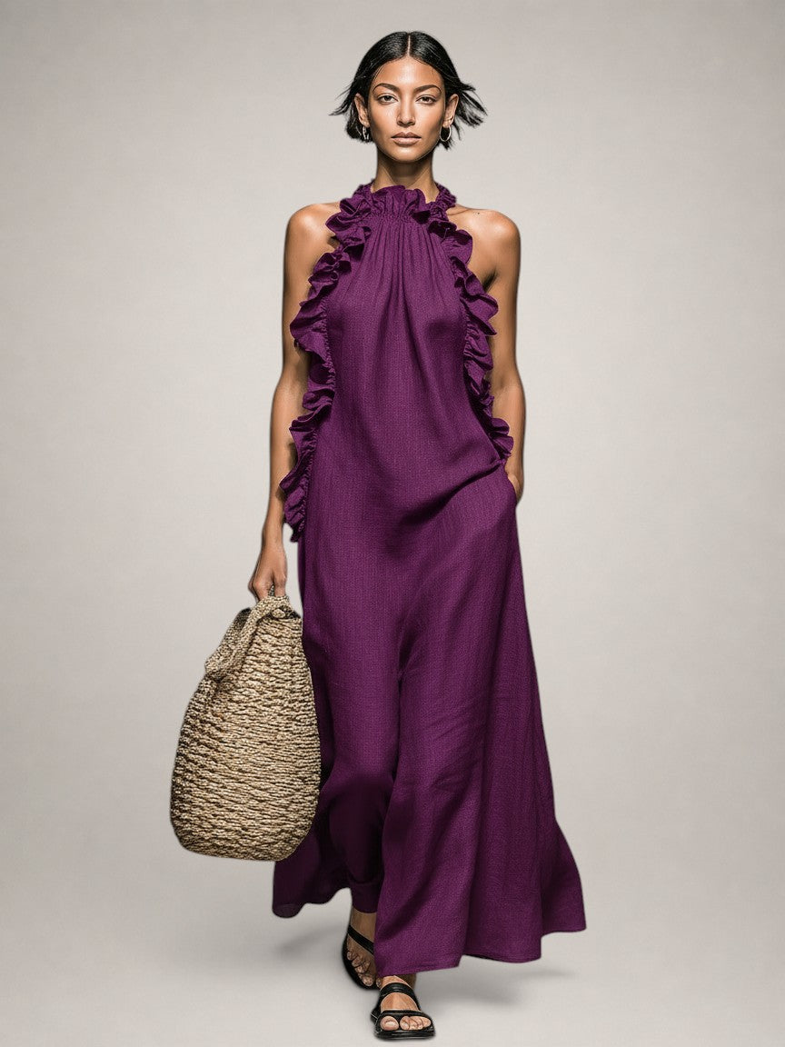 Hermine — Robe longue à col licou et volants, coloris Prune