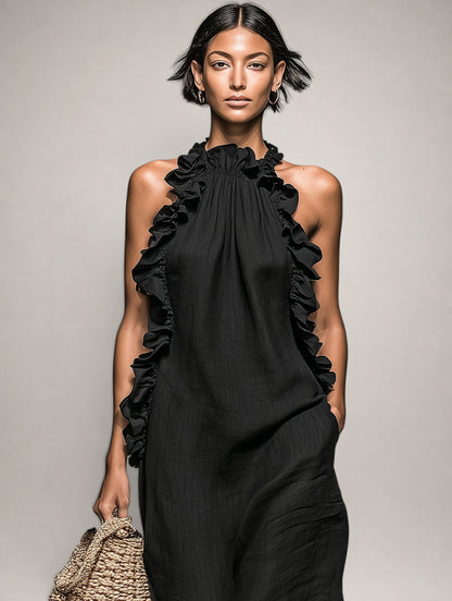 Hermine — Robe longue à col licou et volants