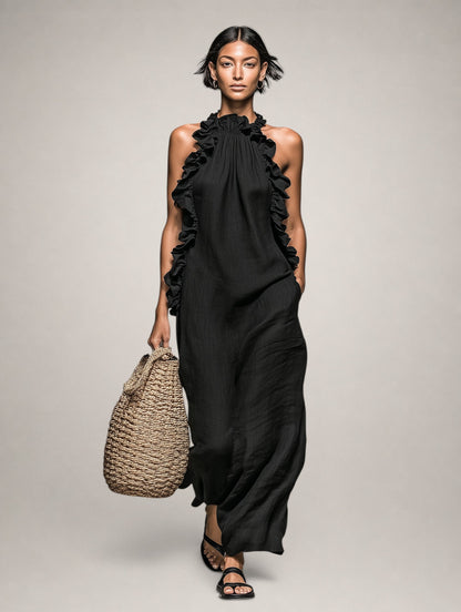 Hermine — Robe longue à col licou et volants, coloris Noir