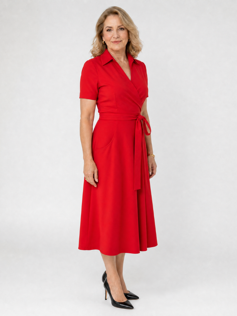 Geneviève — Robe portefeuille midi à col et ceinture