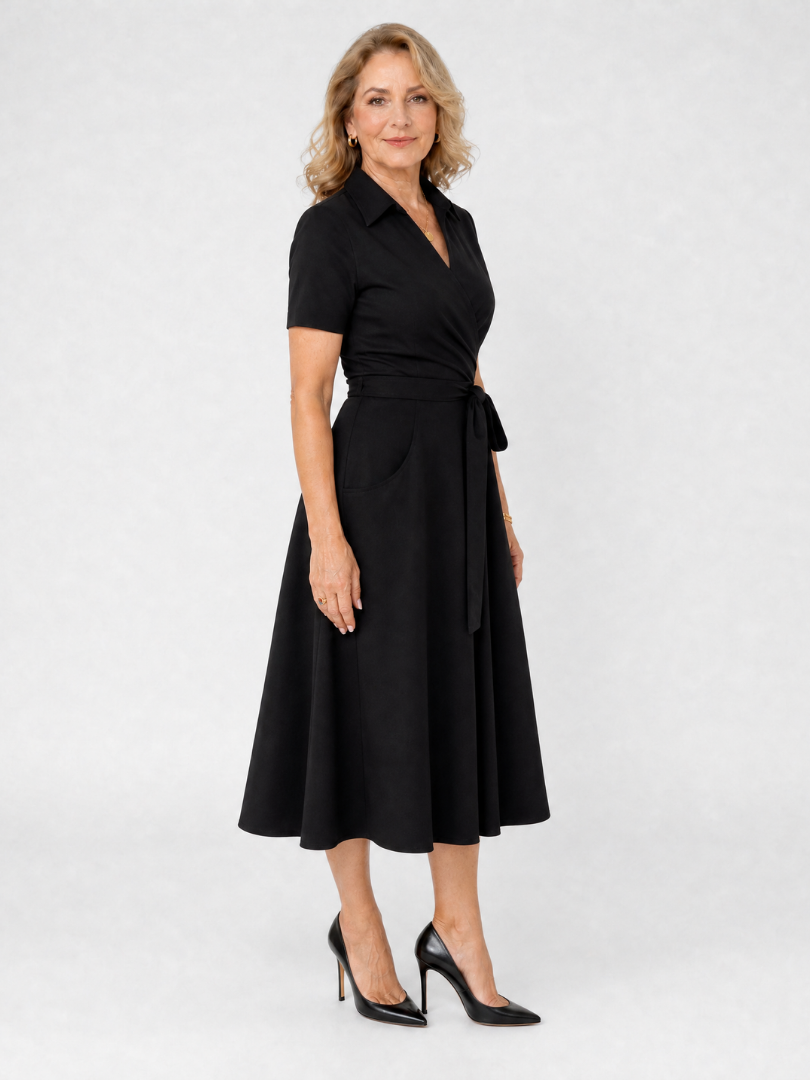 Geneviève — Robe portefeuille midi à col et ceinture
