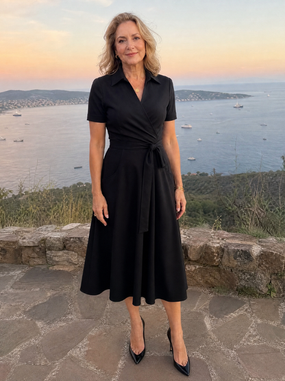Geneviève — Robe portefeuille midi à col et ceinture