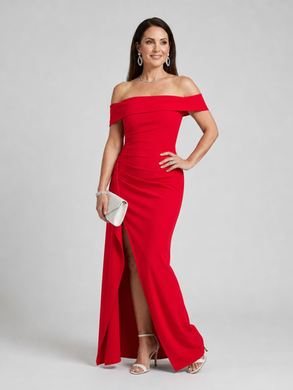 Camille — Robe longue épaules dénudées à fente haute, coloris Rouge