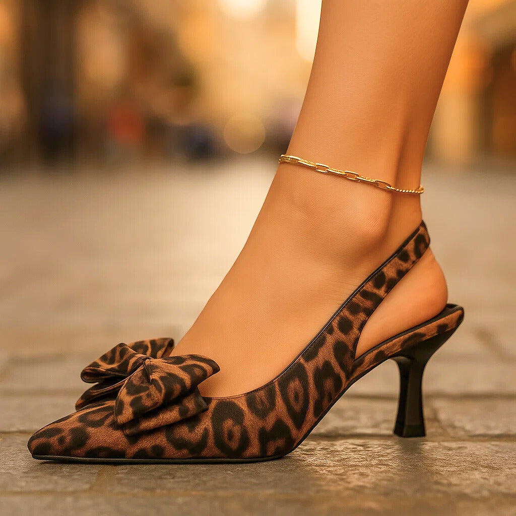 Hermine | Sandałki slingback w panterkę z kokardką