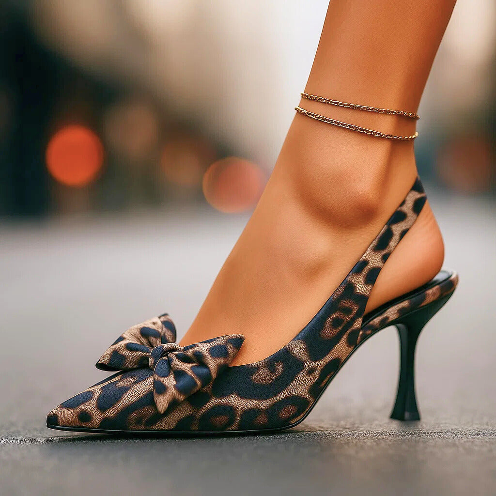 Hermine | Sandałki slingback w panterkę z kokardką