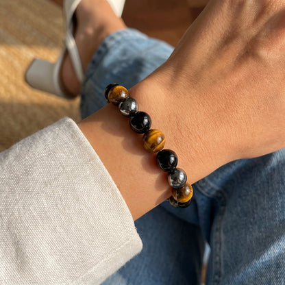 Bracelet en pierres naturelles avec hématite, obsidienne et œil-de-tigre