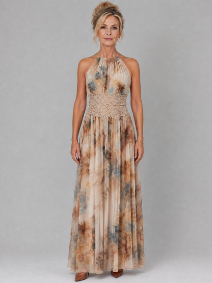 Réjane — Robe longue plissée à taille en dentelle, coloris Beige aquarelle