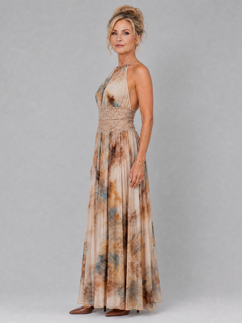 Réjane — Robe longue plissée à taille en dentelle