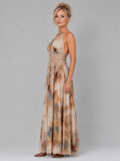 Réjane — Robe longue plissée à taille en dentelle