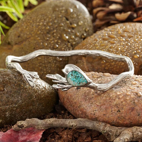 Chant d'Oiseau | Jonc argenté avec oiseau et incrustation turquoise – Vue 01
