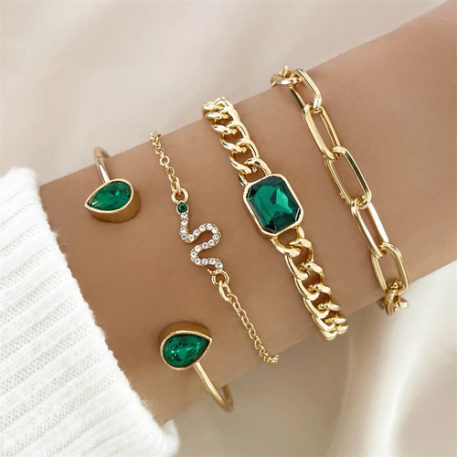 Strate Verte | Ensemble de bracelets dorés avec pierres vertes – Vue 01