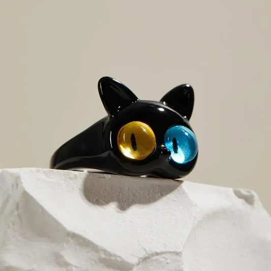 Chat de Nuit | Bague avec tête de chat noire et yeux colorés – Vue 01