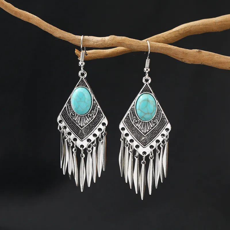 Frange en Carreaux | Boucles d'oreilles argentées avec pierre turquoise et franges – Vue 01