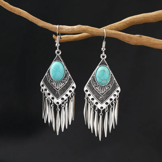 Frange en Carreaux | Boucles d'oreilles argentées avec pierre turquoise et franges – Vue 01