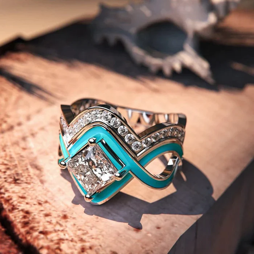 Infini | Bague argentée avec motif d'infini turquoise – Vue 01