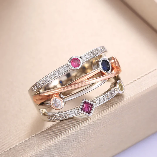 Champ de Couleurs | Bague argentée et or rose avec pierres colorées – Vue 01