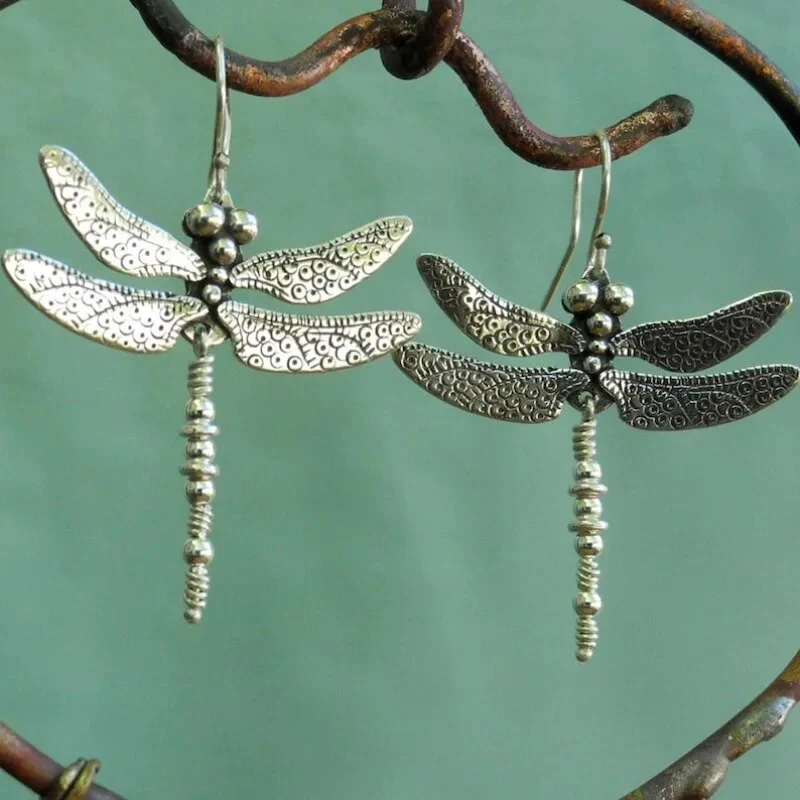 Miroir Libellule | Boucles d'oreilles argentées à motif de libellule – Vue 01