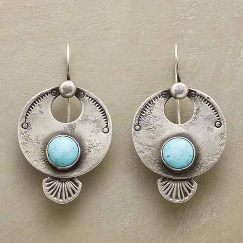 Disque Éventail | Boucles d'oreilles argentées avec pierre turquoise – Vue 01