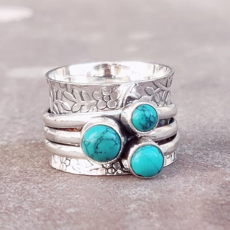 Anneau Estampé | Bague large argentée avec pierres turquoise – Vue 01