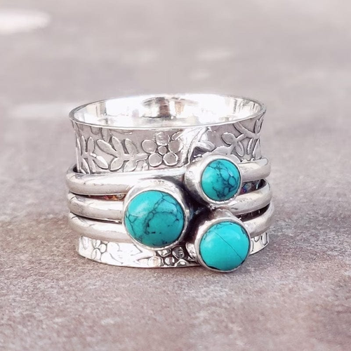 Anneau Estampé | Bague large argentée avec pierres turquoise – Vue 01
