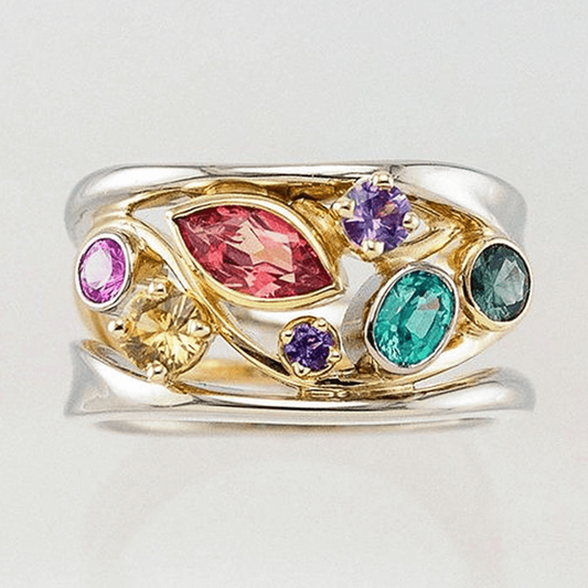 Courant Coloré | Bague argentée et dorée avec pierres colorées – Vue 01