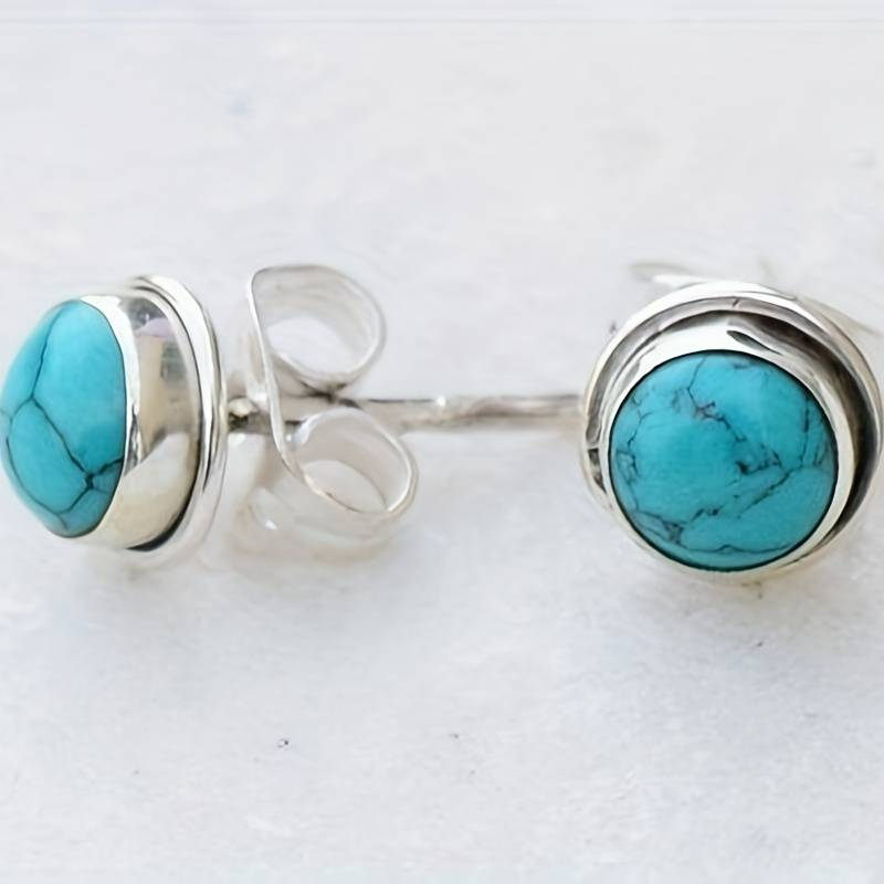 Bouton Lustré | Boucles d'oreilles argentées avec pierre turquoise – Vue 01
