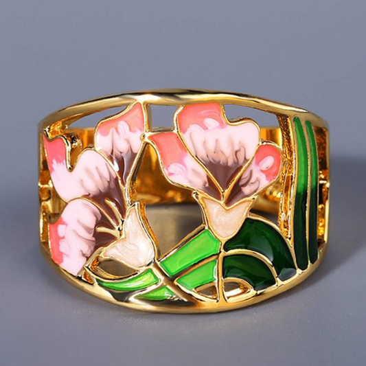 Floraison de Tulipes | Bague large dorée à motif floral coloré – Vue 01