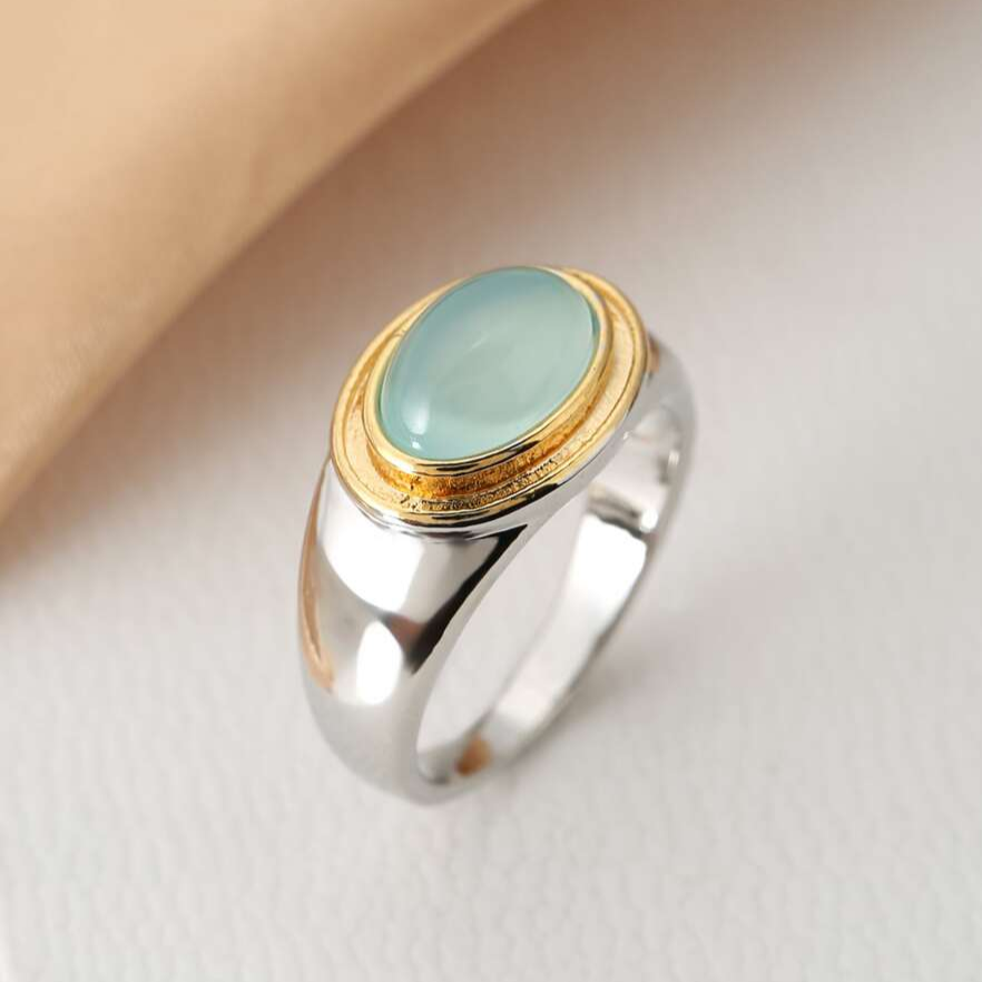 Goutte de Rosée | Bague argentée et dorée avec pierre bleu-vert clair – Vue 01