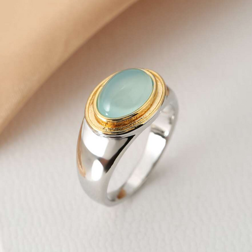 Goutte de Rosée | Bague argentée et dorée avec pierre bleu-vert clair – Vue 01