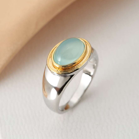 Goutte de Rosée | Bague argentée et dorée avec pierre bleu-vert clair – Vue 01