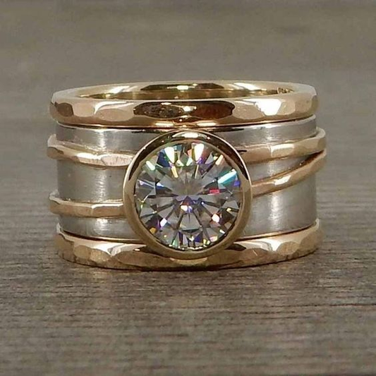 Empilement Superposé | Bague dorée et argentée avec pierre claire ronde – Vue 01