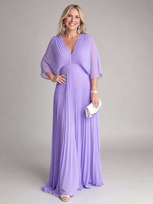 Colette — Robe longue plissée à col V et manches amples, coloris Lilas